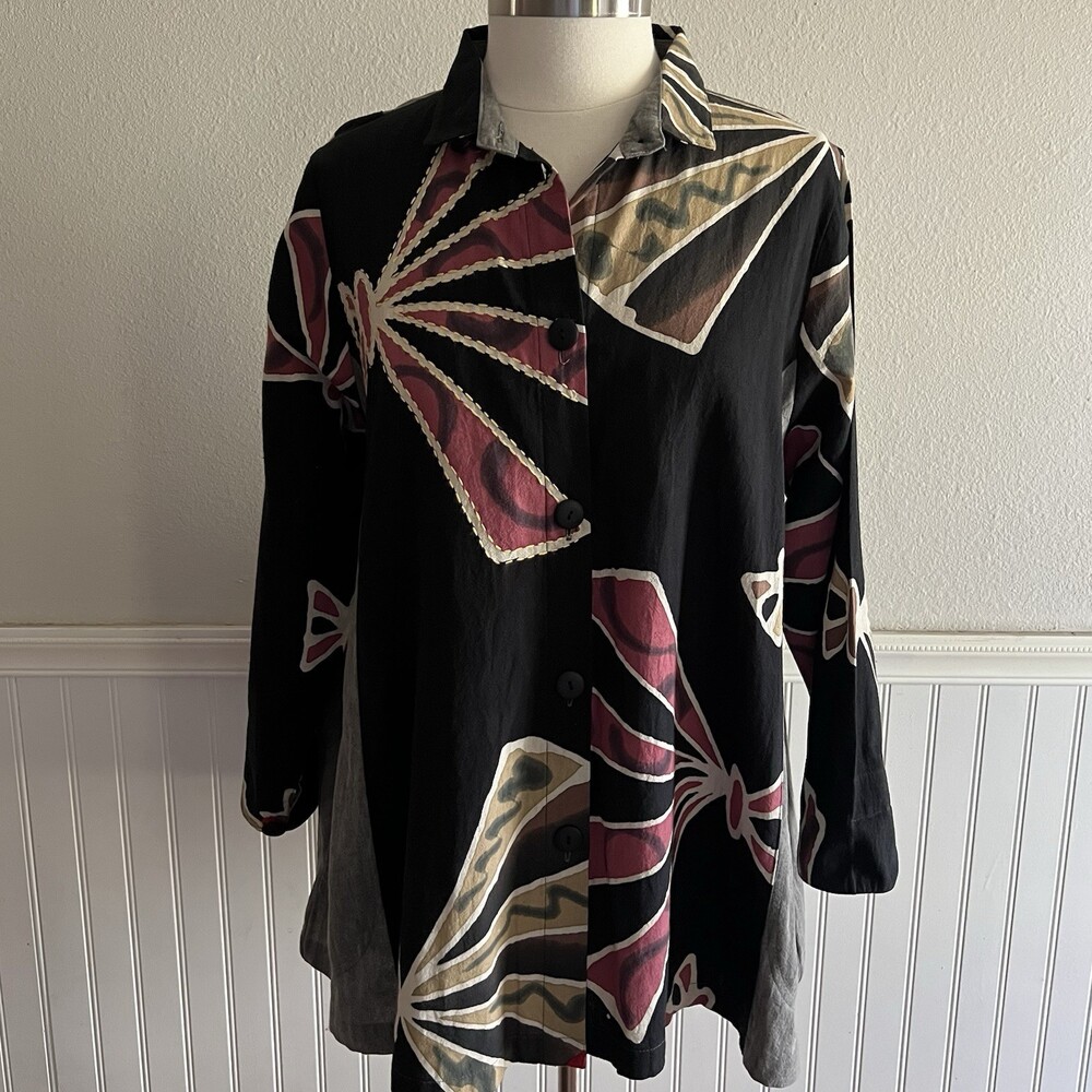 Women's 100% Cotton Collared Tunic Blouse Art to Wear Lagenlook Artsy Large